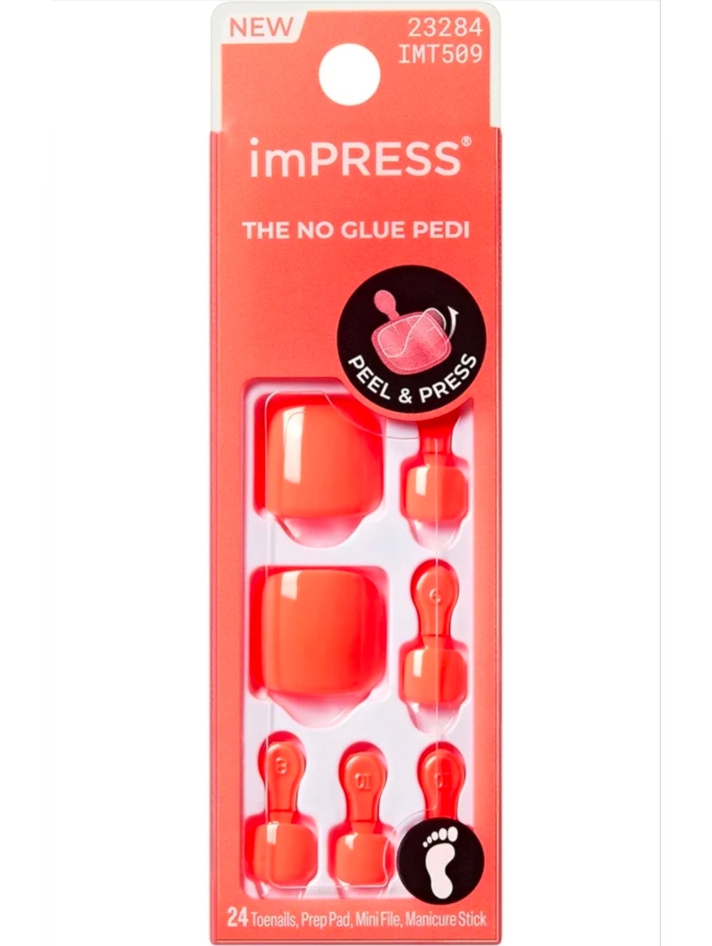 💄 Bright Coral Pedicure Press-On Nail Strips